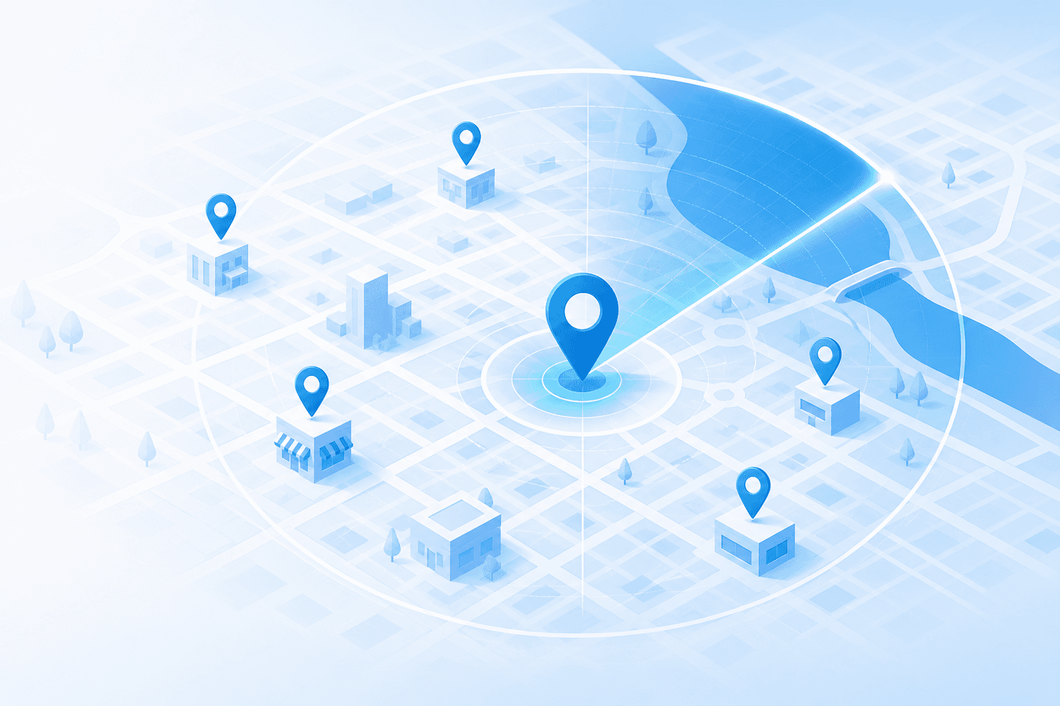 Geo-grid map search with radius coverage and local business pins