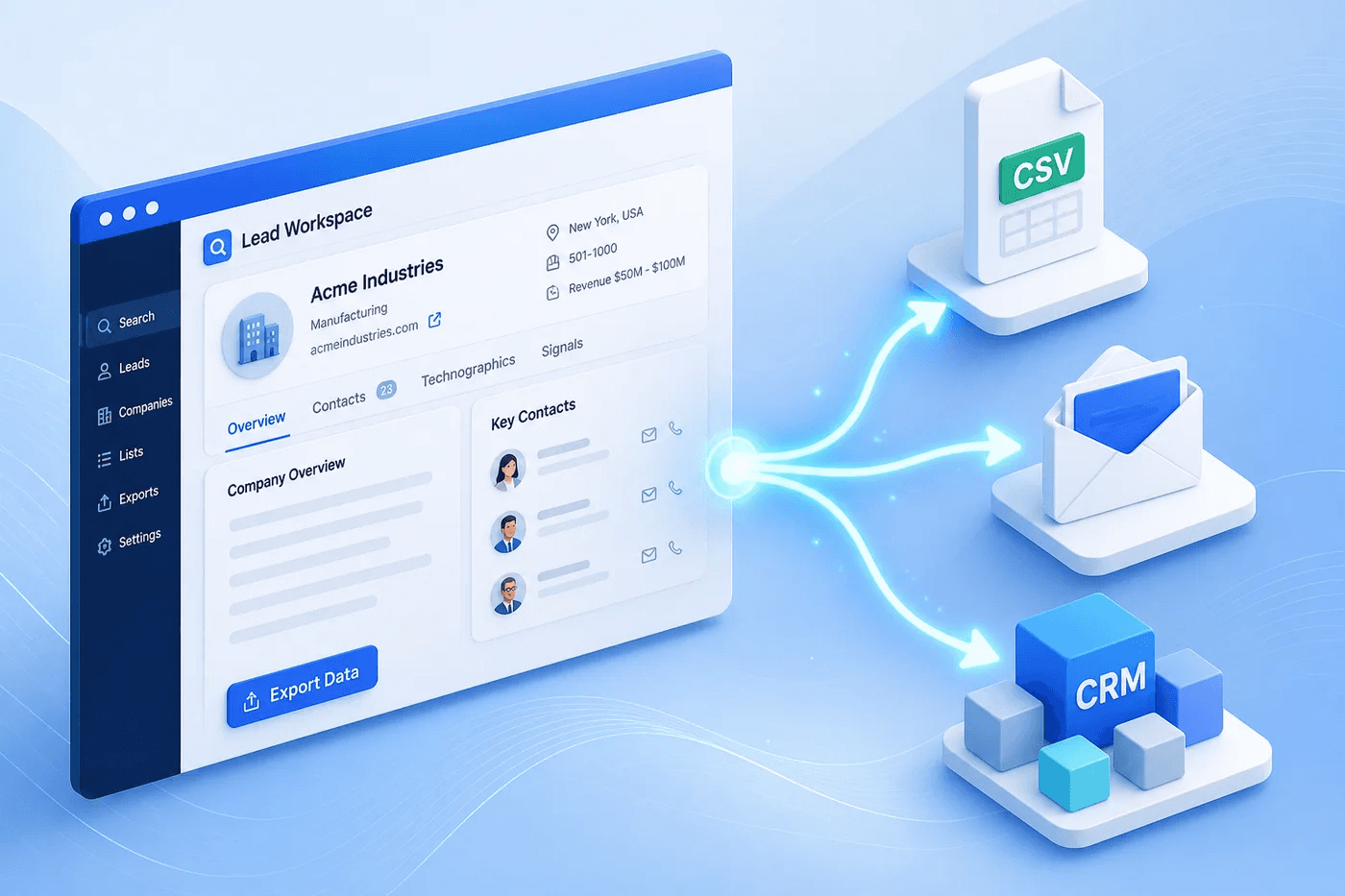 Lead Loupe integrations with export, email, and CRM handoffs