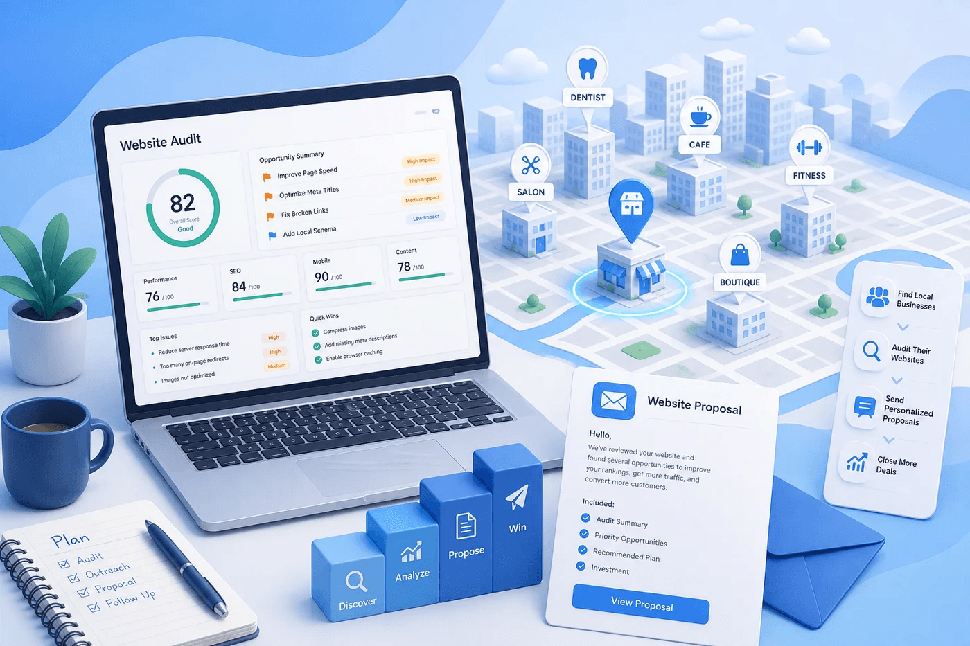 Agency prospecting with website audits and local map pins