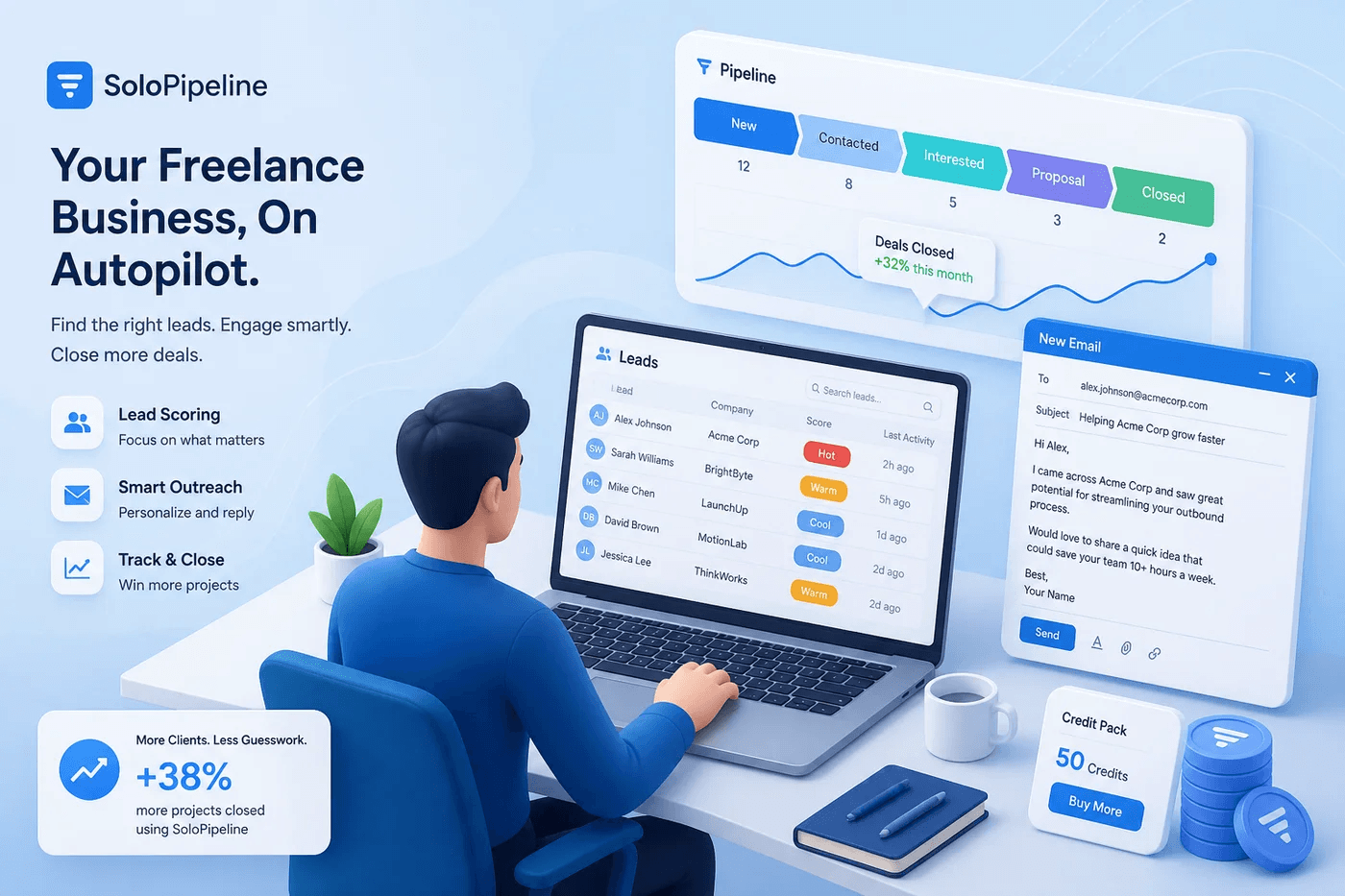 Freelancer pipeline with scored leads and flexible credits