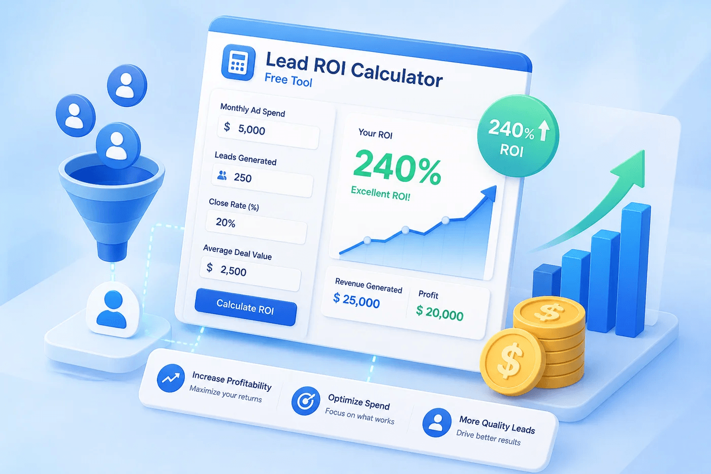 Lead ROI calculator illustration with charts and estimates