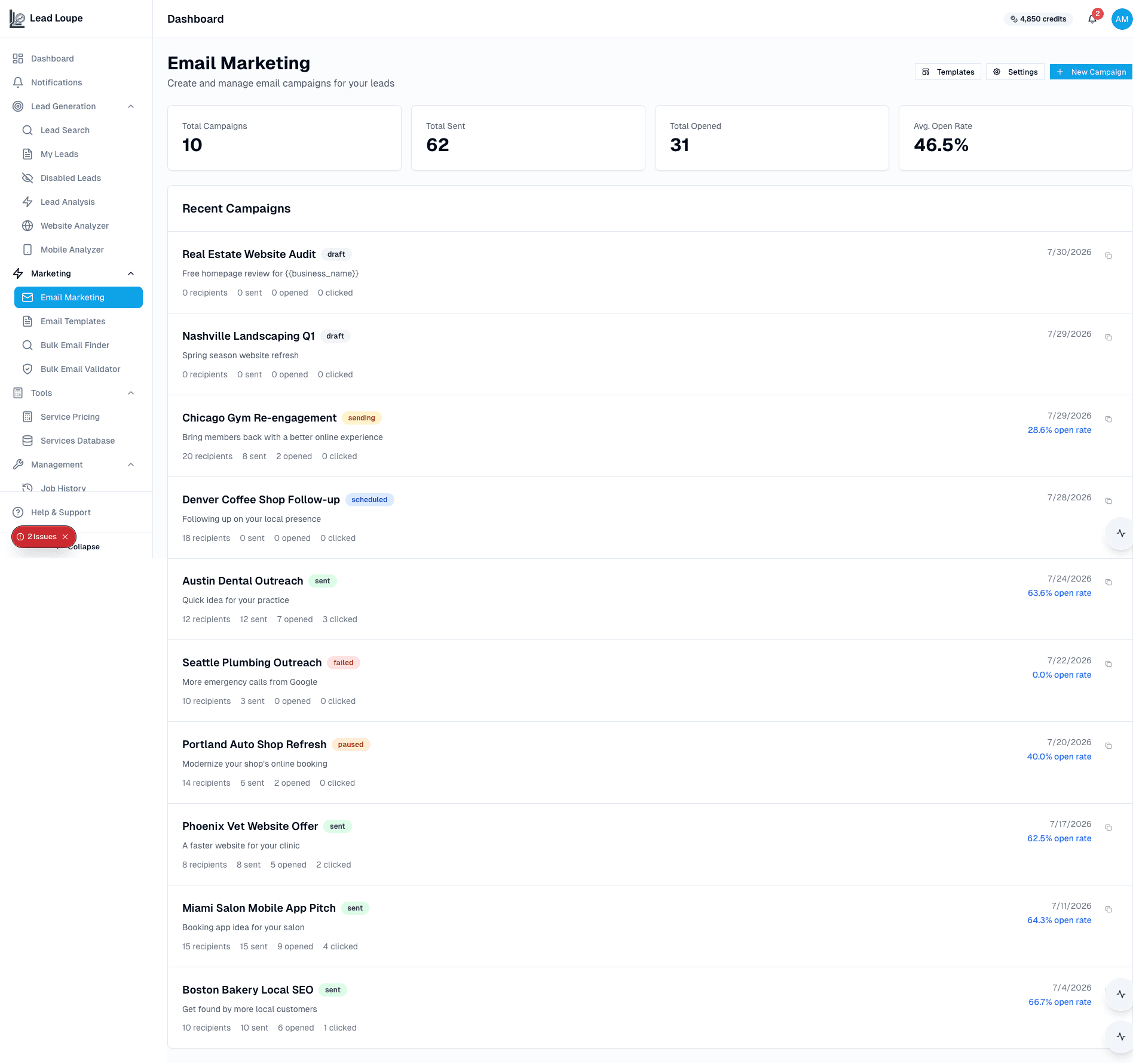 Email campaign manager with tracking metrics
