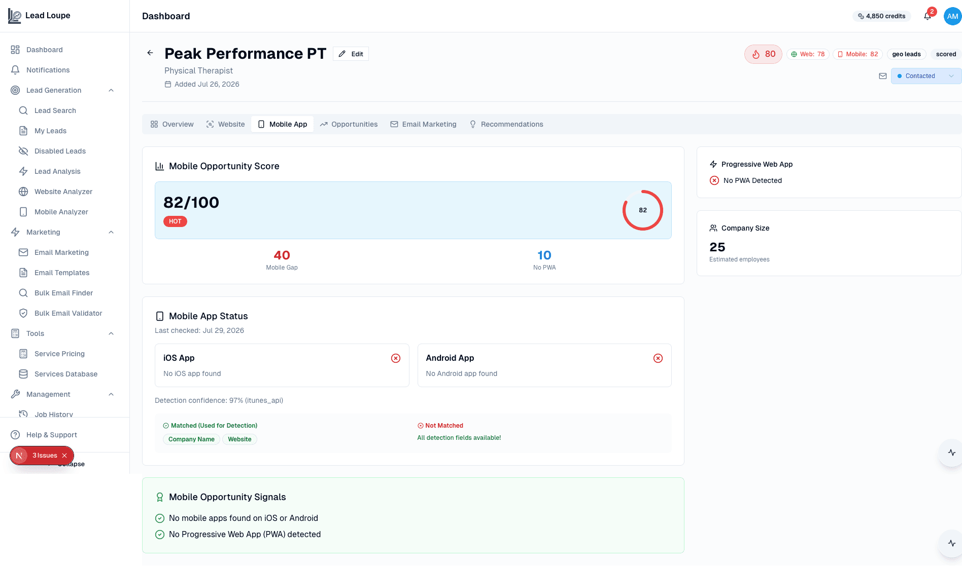Lead scoring table with opportunity prioritization