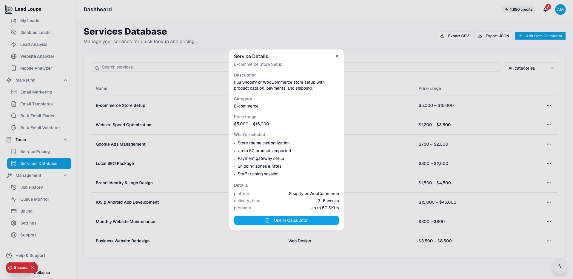 Service details with pricing range and deliverables