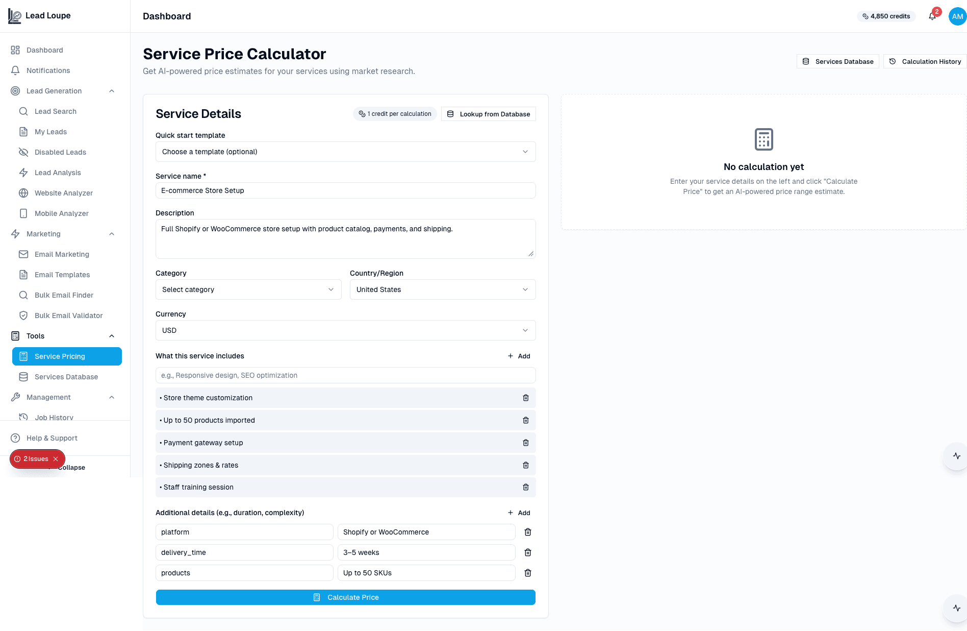 Service price calculator with AI-powered estimate inputs