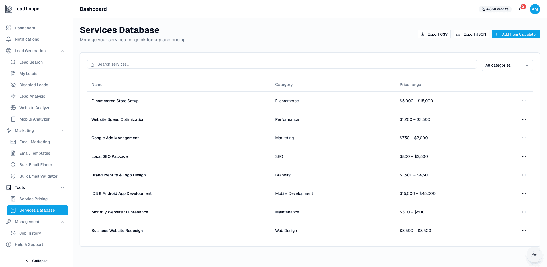 Services database for consistent team quoting