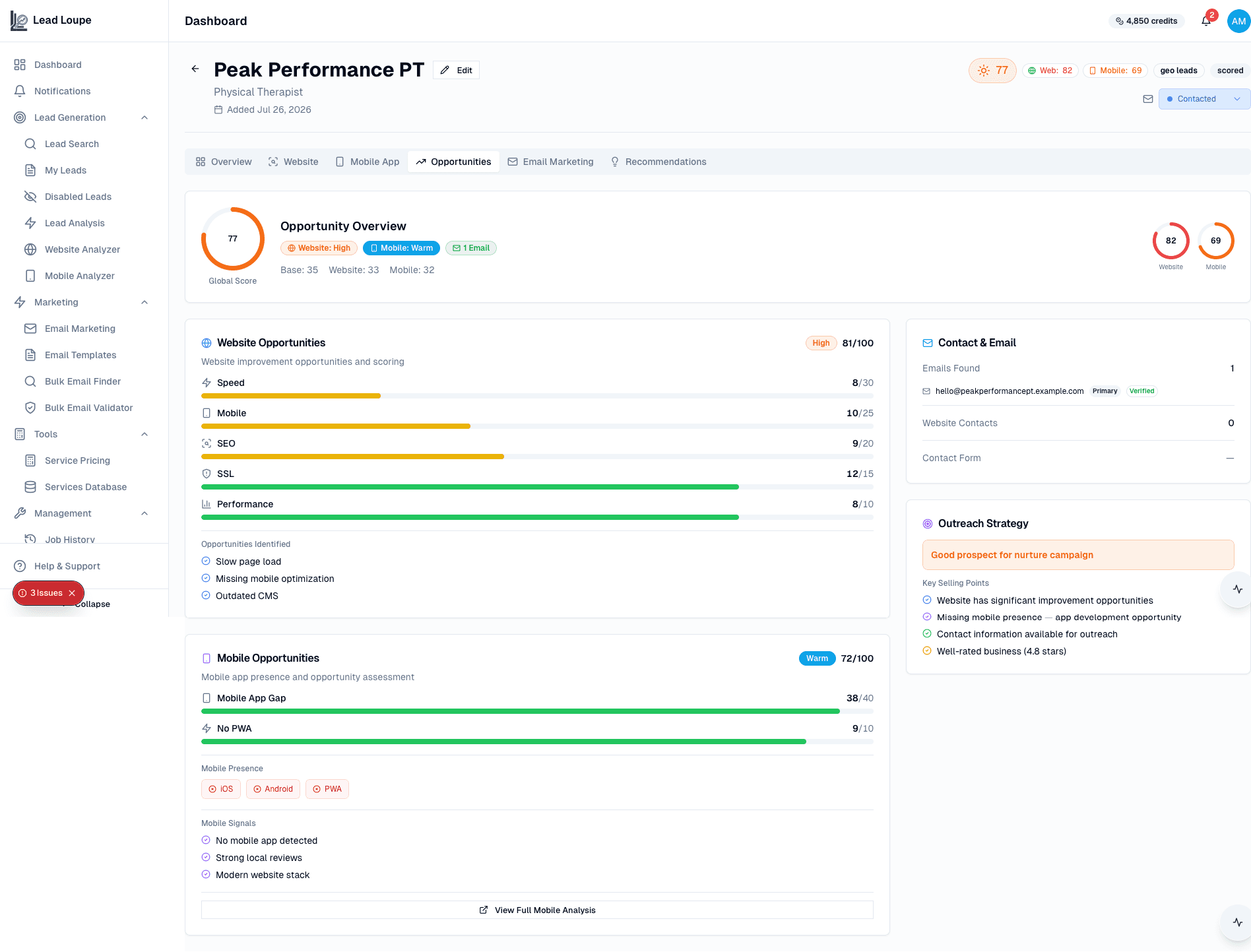 Website opportunity evidence for agency outreach